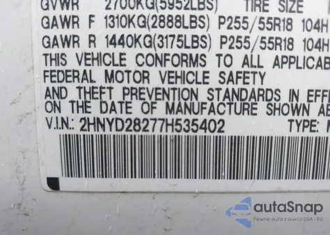 2007 Acura Mdx from USA, damaged, VIN 2HNYD28277H535402